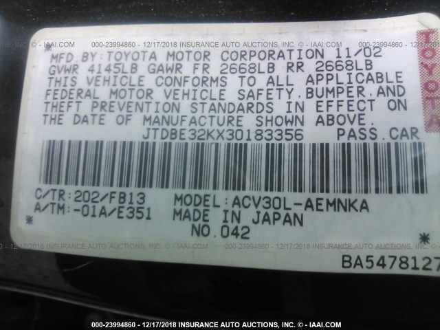 JTDBE32KX30183356 - 2003 TOYOTA CAMRY LE/XLE 黑色 照片 9