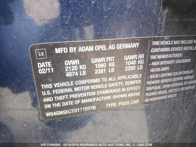 W04GN5EC7B1116576 - 2011 BUICK REGAL CXL BLUE photo 9