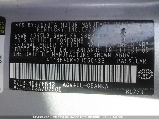 4T1BE46K47U560435 - 2007 TOYOTA CAMRY NEW GENERAT  SILVER photo 9