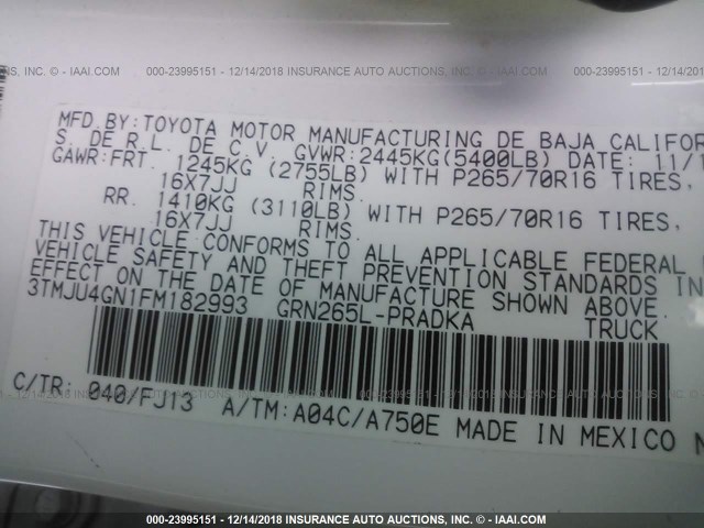 3TMJU4GN1FM182993 - 2015 TOYOTA TACOMA DOUBLE CAB PRERUNNER WHITE photo 9