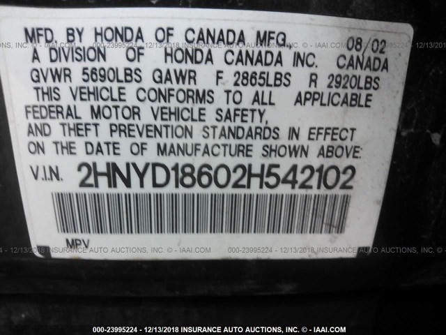 2HNYD18602H542102 - 2002 ACURA MDX TOURING BLACK photo 9