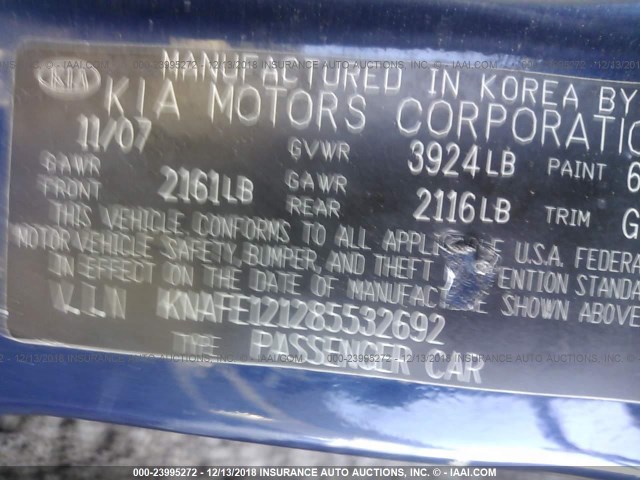 KNAFE121285532692 - 2008 KIA SPECTRA EX/LX/SX BLUE photo 9