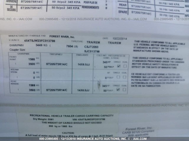 4X4TSJW23FC013798 - 2015 FOREST RIVER OTHER  WHITE photo 9