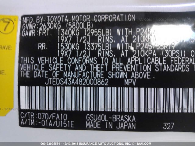 JTEDS43A482000862 - 2008 TOYOTA HIGHLANDER SPORT WHITE photo 9