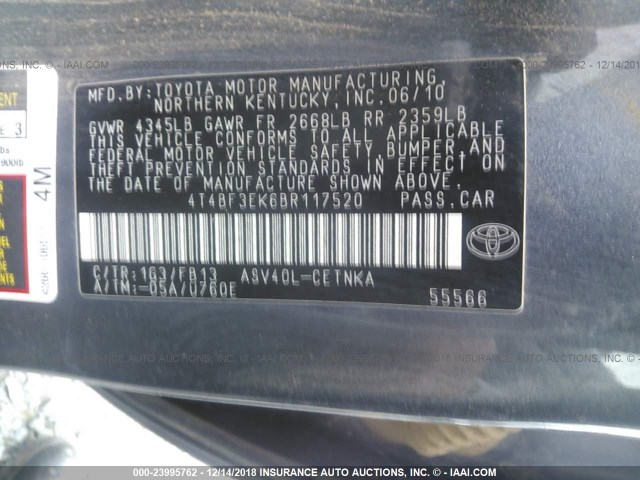 4T4BF3EK6BR117520 - 2011 TOYOTA CAMRY SE/LE/XLE 灰色 照片 9