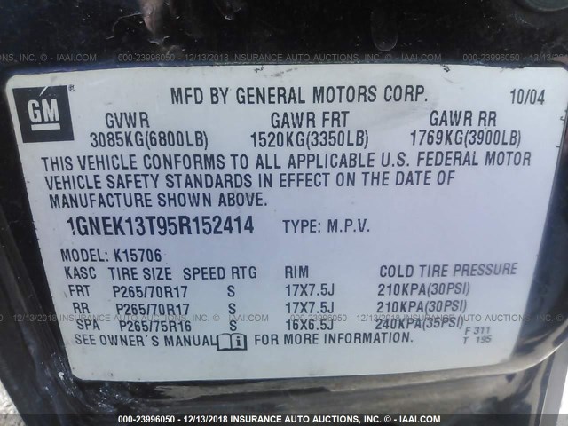 1GNEK13T95R152414 - 2005 CHEVROLET TAHOE K1500 BLACK photo 9