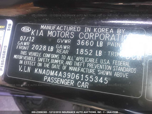 KNADM4A39D6155345 - 2013 KIA RIO LX BLACK photo 9