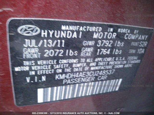 KMHDH4AE3CU248537 - 2012 HYUNDAI ELANTRA GLS/LIMITED RED photo 9