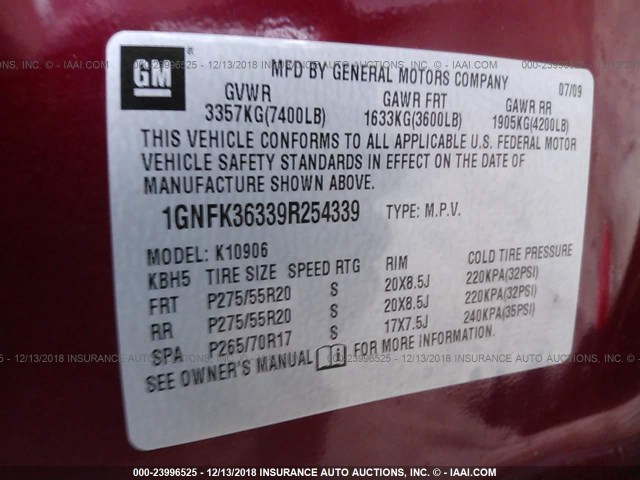 1GNFK36339R254339 - 2009 CHEVROLET SUBURBAN K1500 LTZ MAROON photo 9