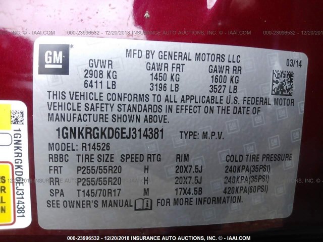 1GNKRGKD6EJ314381 - 2014 CHEVROLET TRAVERSE LT RED photo 9