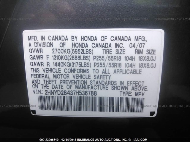 2HNYD28437H536788 - 2007 ACURA MDX TECHNOLOGY GRAY photo 9