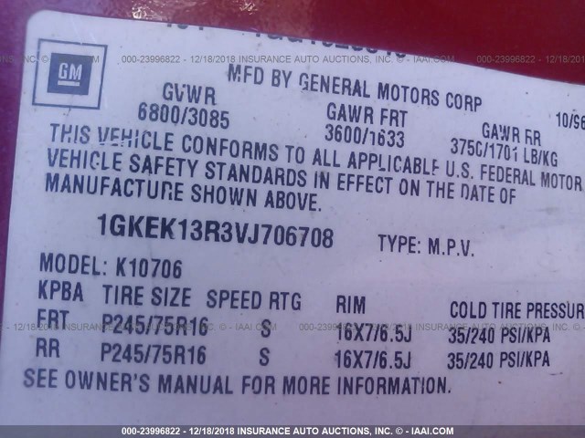 1GKEK13R3VJ706708 - 1997 GMC YUKON RED photo 9