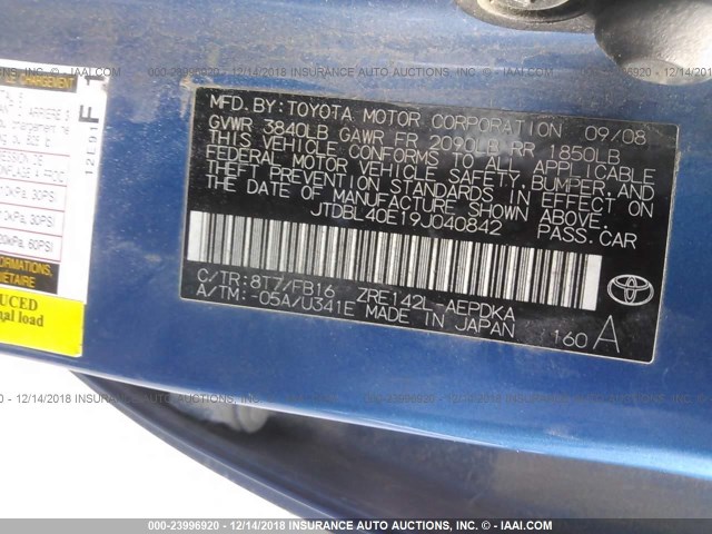 JTDBL40E19J040842 - 2009 TOYOTA COROLLA LE/XLE BLUE photo 9