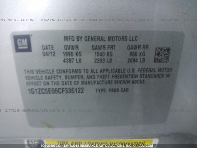 1G1ZC5E06CF336122 - 2012 CHEVROLET MALIBU 1LT 银色 照片 9