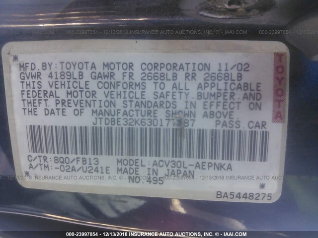 JTDBE32K630177487 - 2003 TOYOTA CAMRY LE/XLE 蓝色 照片 9
