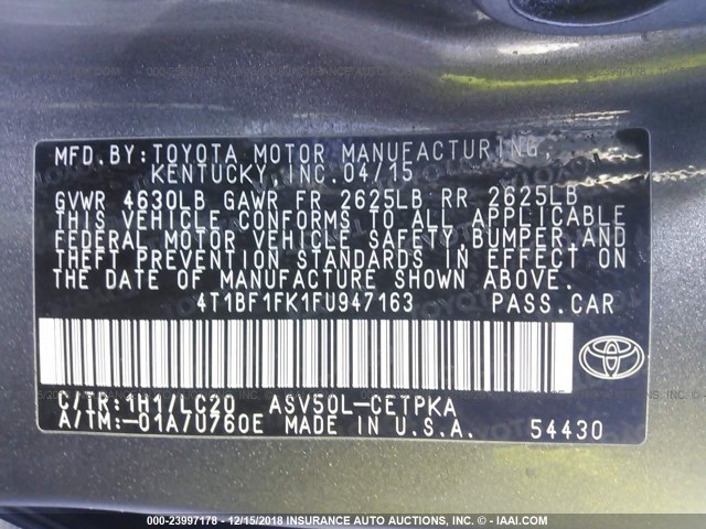 4T1BF1FK1FU947163 - 2015 TOYOTA CAMRY LE/XLE/SE/XSE GRAY photo 9