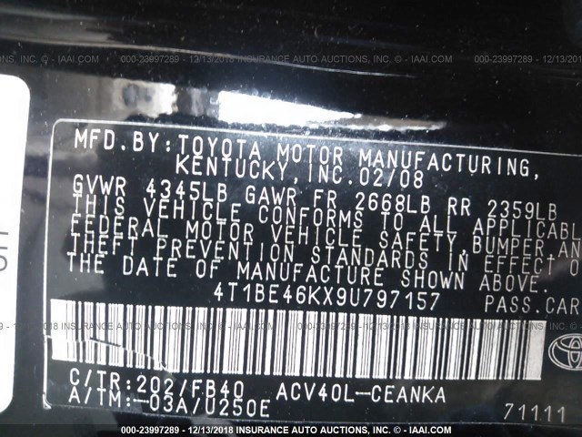 4T1BE46KX9U797157 - 2009 TOYOTA CAMRY SE/LE/XLE BLACK photo 9