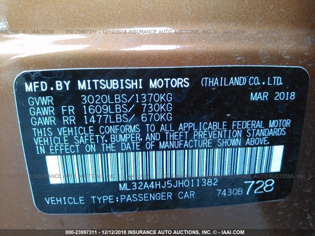 ML32A4HJ5JH011382 - 2018 MITSUBISHI MIRAGE SE ORANGE photo 9