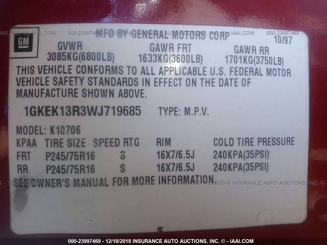 1GKEK13R3WJ719685 - 1998 GMC YUKON RED photo 9