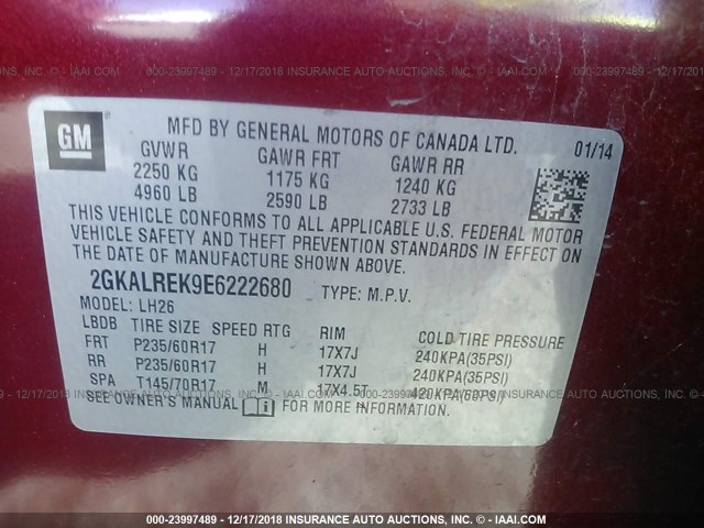 2GKALREK9E6222680 - 2014 GMC TERRAIN SLE RED photo 9