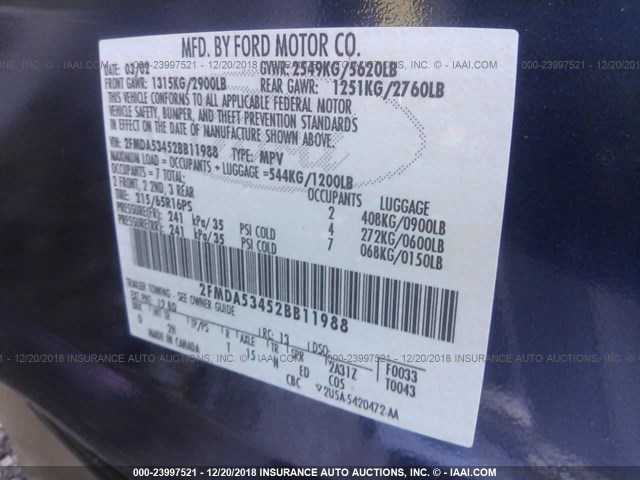 2FMDA53452BB11988 - 2002 FORD WINDSTAR SEL BLUE photo 9