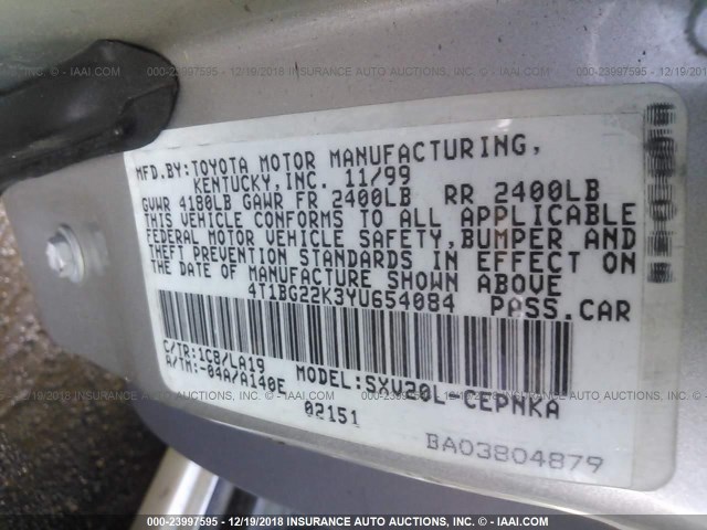 4T1BG22K3YU654084 - 2000 TOYOTA CAMRY CE/LE/XLE 银色 照片 9