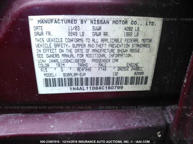 1N4AL11D84C160799 - 2004 NISSAN ALTIMA S/SL RED photo 9