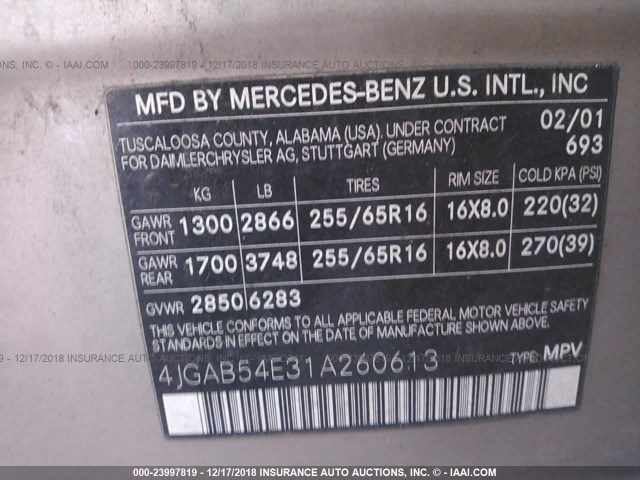 4JGAB54E31A260613 - 2001 MERCEDES-BENZ ML 320 BEIGE photo 9