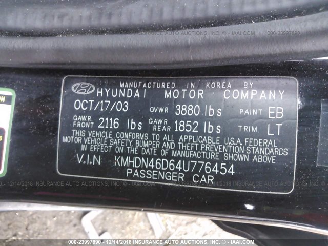 KMHDN46D64U776454 - 2004 HYUNDAI ELANTRA GLS/GT BLACK photo 9