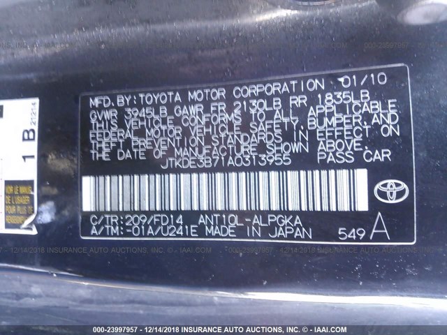 JTKDE3B71A0313955 - 2010 TOYOTA SCION TC 黑色 照片 9