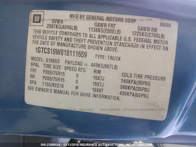 1GTCS19W818111659 - 2001 GMC SONOMA BLUE photo 9