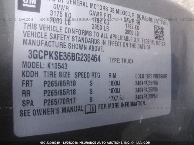 3GCPKSE36BG236464 - 2011 CHEVROLET SILVERADO K1500 LT GRAY photo 9