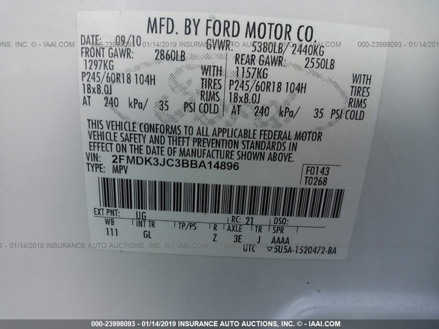 2FMDK3JC3BBA14896 - 2011 FORD EDGE SEL WHITE photo 9