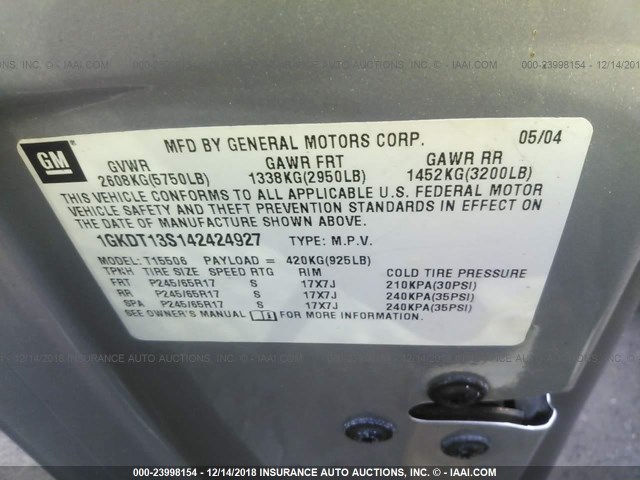 1GKDT13S142424927 - 2004 GMC ENVOY SILVER photo 9