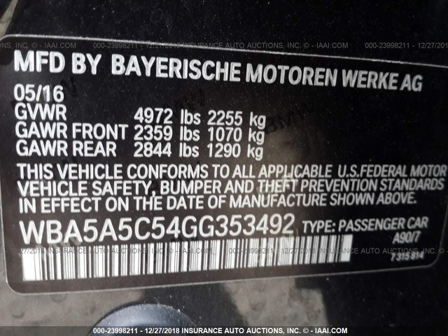 WBA5A5C54GG353492 - 2016 BMW 528 GRAY photo 9