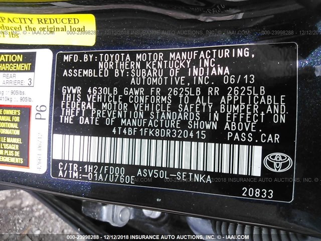 4T4BF1FK8DR320415 - 2013 TOYOTA CAMRY L/SE/LE/XLE BLACK photo 9