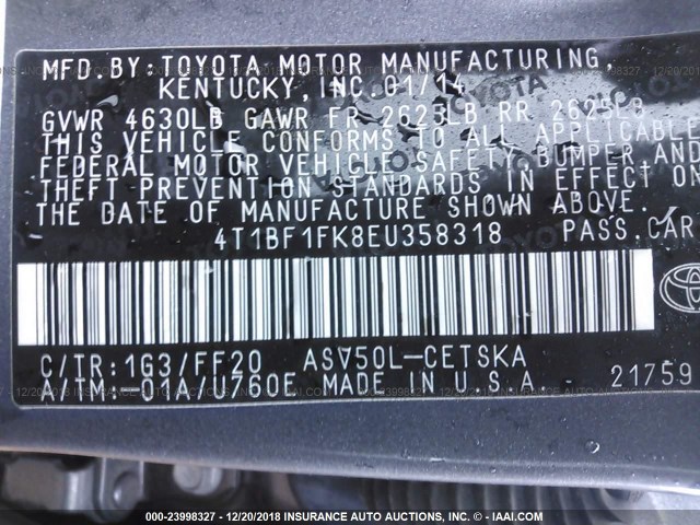 4T1BF1FK8EU358318 - 2014 TOYOTA CAMRY L/SE/LE/XLE GRAY photo 9