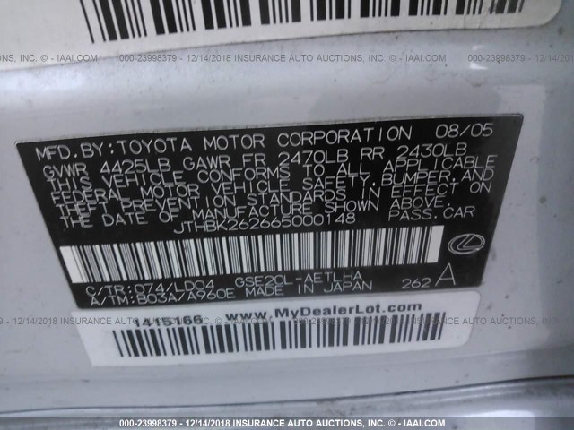 JTHBK262665000148 - 2006 LEXUS IS 250 WHITE photo 9