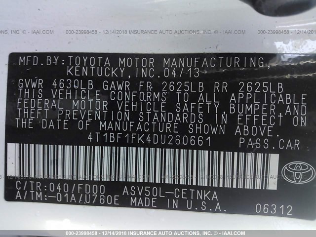 4T1BF1FK4DU260661 - 2013 TOYOTA CAMRY L/SE/LE/XLE Ağ foto 9