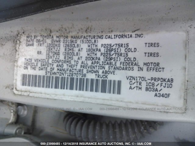 5TEHN72N71Z870738 - 2001 TOYOTA TACOMA DOUBLE CAB 银色 照片 9