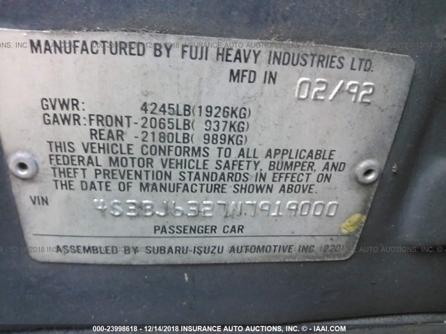 4S3BJ6327N7919000 - 1992 SUBARU LEGACY L BLUE photo 9