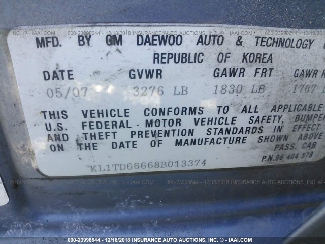 KL1TD66668B013374 - 2008 CHEVROLET AVEO LS BLUE photo 9