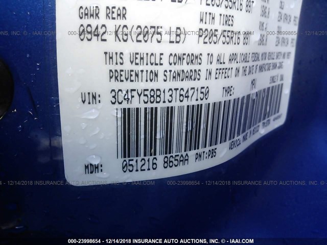 3C4FY58B13T647150 - 2003 CHRYSLER PT CRUISER TOURING BLUE photo 9