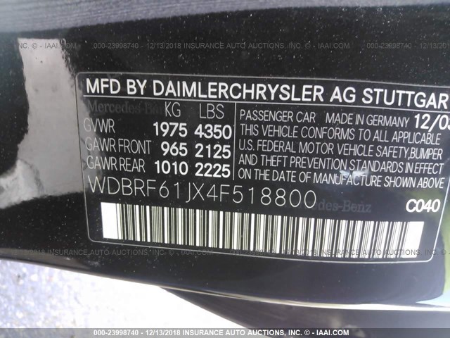 WDBRF61JX4F518800 - 2004 MERCEDES-BENZ C 240 BLACK photo 9