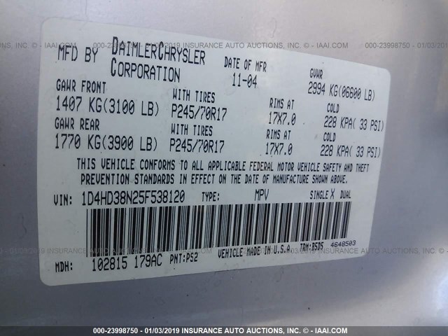 1D4HD38N25F538120 - 2005 DODGE DURANGO ST SILVER photo 9