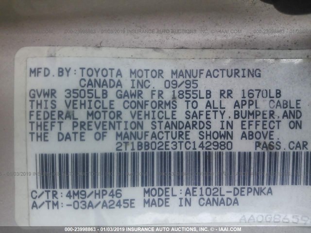 2T1BB02E3TC142980 - 1996 TOYOTA COROLLA DX GOLD photo 9