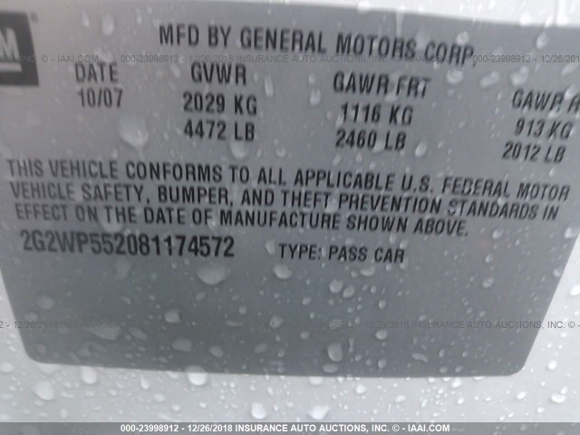 2G2WP552081174572 - 2008 PONTIAC GRAND PRIX WHITE photo 9