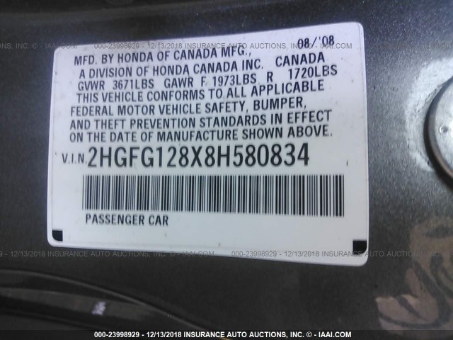 2HGFG128X8H580834 - 2008 HONDA CIVIC EX GRAY photo 9