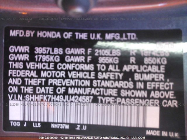 SHHFK7H49JU424587 - 2018 HONDA CIVIC SPORT 灰色 照片 9