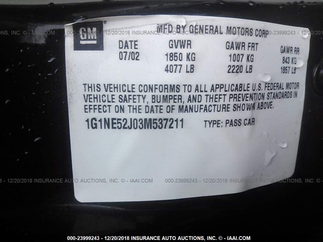 1G1NE52J03M537211 - 2003 CHEVROLET MALIBU LS 黑色 照片 9